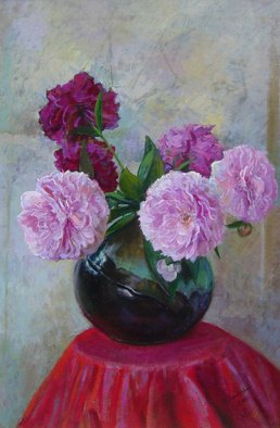 Parnaos Surabischwili: 'Peonies', 2007 Oil Painting, Still Life.    Oil painting on board  ...
