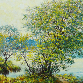 Petr Parkhimovitch: 'Breeze', 2015 Oil Painting, Landscape. Artist Description: river, coast, foliage, sun, windThe artwork on the stretcher, without a frame, signed on the front and back side.A light September breeze rustling the yellowing leaves of riparian trees. ...