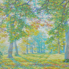 Petr Parkhimovitch: 'forgotten sunny road', 2018 Oil Painting, Landscape. Artist Description: Bright sunlight floods the yellowing leaves of the oaks along the edges of an abandoned road.Original paintingThe artwork without a stretcher, without a frame, signed on the front and back side, has a Certificate of Authenticity...