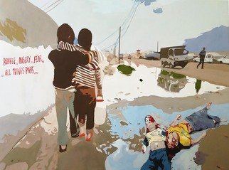 Pasquale Pacelli: 'life', 2018 Acrylic Painting, War.  Our parents told us not to be overwhelmed by fear and to have patience because one day all this would be over. They were wiped out by a bombing, the orphans left instead have the meat torn by mines. In Syria schools are now closed andwe are forced to...