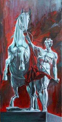 Paula Craioveanu: 'horse tamer', 2014 Oil Painting, Famous People. The horse tamer, is inspired by  The Iliad  of Homer.The tamer of horses is Hector, a mythological hero from the ancient city of Troy, the setting for Homer s  The Iliad . Indeed Homer places Hector as the very noblest of all the heroes in the Iliad: he is both ...