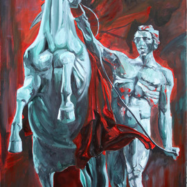 Paula Craioveanu: 'horse tamer', 2014 Oil Painting, Famous People. Artist Description: The horse tamer, is inspired by  The Iliad  of Homer.The tamer of horses is Hector, a mythological hero from the ancient city of Troy, the setting for Homer s  The Iliad . Indeed Homer places Hector as the very noblest of all the heroes in the Iliad: he ...