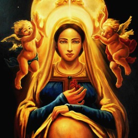 Paul Armesto: 'LA VIERGE DU CORAIL', 2011 Oil Painting, Religious. Artist Description: Oil painting on linen canvas depicting the Virgin Mary in her pregnancy holding a traditional red coral branch, symbol of Life, Love and Christs Passion.  She is accompanied by two cherubs, one with open eyes and the other with his eyes closed as to represent the traditional symbol ...
