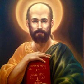 Paul Armesto: 'st thomas apostle', 2016 Oil Painting, Religious. Artist Description: Saint Thomas the Apostle represented according to the Syro- Malabar tradition, wearing the colors of the flag of India green and orangethe purity of the Saint as the white . ...