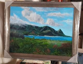 Paul Dudas: 'bali hai', 2020 Acrylic Painting, Beach. Overlooking Hanalei Bay Bali Hai is famous for its romantic Beauty. . clouds, mountains, surf, tropical plants, waterfalls. . . in a custom wood frame. . . . ...