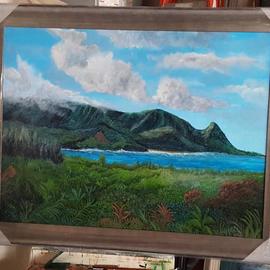 Paul Dudas: 'bali hai', 2020 Acrylic Painting, Beach. Artist Description: Overlooking Hanalei Bay Bali Hai is famous for its romantic Beauty. . clouds, mountains, surf, tropical plants, waterfalls. . . in a custom wood frame. . . . ...