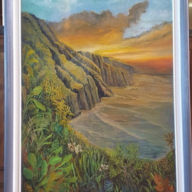 Paul Dudas: 'napili sunset', 2020 Acrylic Painting, Beach. Artist Description: The Napili Cliffis in Kauai with breathtaking views any time of day but especially as sunset. . .  tropical trees, palms, flowers and the surf all reflect the rich colors of the sun setting. ...