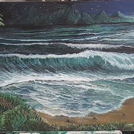 Paul Dudas: 'starry night', 2020 Acrylic Painting, Beach. Artist Description: A full moon on the ocean s horizon and stars in the night sky all combine to create a paradise of light in this romantic tropical scene of the beach and surf, surrounded by tropical flowers, palms, and distant mountains...