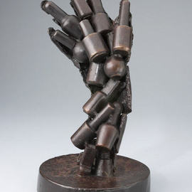 Paul Orzech: 'Adhesion', 2000 Bronze Sculpture, Abstract. Artist Description: Adhesion is an early sculpture by the artist that represents the connection in modern society between natural beauty and beauty- enhancing products.This sculpture' s fractured life- cast hand, represents natural beauty. The photo illustrates a series of nail polish bottles that compose the back of the fractured ...
