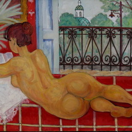 Pavel Tyryshkin: 'At the balcony', 2005 Oil Painting, nudes. 