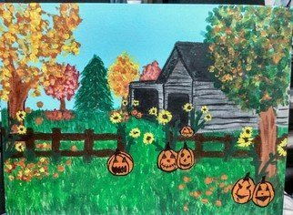 Ceejay Farve: 'happy halloween', 2021 Acrylic Painting, Holidays. A Halloween landscape with a barn maybe haunted ...