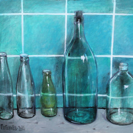 Olga Peganova: 'green bottles', 2017 Acrylic Painting, Still Life. Artist Description: Still life painting Green bottles. ...