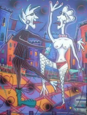Pepe Moreno: 'in the street', 2017 Acrylic Painting, Erotic. A couple of lovers is in an urban night...