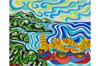 Pham Kien Giang: 'Fishing Boats', 2011 Oil Painting, Landscape. 