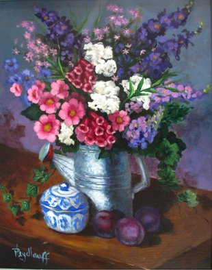 Pat Heydlauff: 'Watering Can', 2011 Acrylic Painting, Still Life.   There is nothing like a fresh bouquet of flowers picked in the garden and casually arranged in your favorite old galvanized sprinkling can. They just go together.   ...