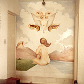 Philip Hallawell: 'Annunciation', 1981 Oil Painting, Religious. Artist Description: This painting was done directly on a wall with oils. It depicts the annunciation. Unfortunately it does not exist anymore, as it was painted over by new proprietors of the apartment....