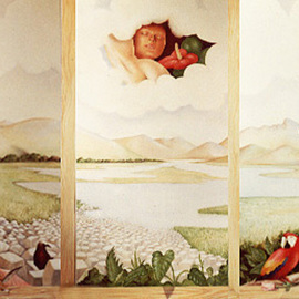 Philip Hallawell: 'Morena Flor', 1981 Oil Painting, Landscape. Artist Description: A mural done in oils on canvas applied to three wood panels to form a tryptych that depicts the Pantanal region of central Brazil in a surreal setting. It was originally done for a boutique and employed some trompe l' oeil techniques. Part of the Jose Carlos Rodrigues ...