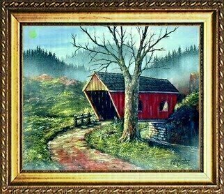 Michael Pickett: 'Covered Bridge', 2005 Acrylic Painting, Landscape.  This painting will glow in the dark as a night scene. ...