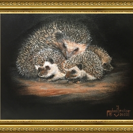 Michael Pickett: 'Hedgehog Family', 2022 Acrylic Painting, Landscape. Artist Description: Here s a Painting I Painted for my Sister Birthday.  She Loves Hedgehogsso I painted the mother as Ruth and the three babies, Kelly, Adam and Amanda ...