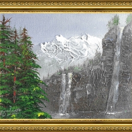 Michael Pickett: 'mountain and waterfall', 2022 Acrylic Painting, Landscape. Artist Description: Steak knife instead of pallet Knife, Brush and spray paint...