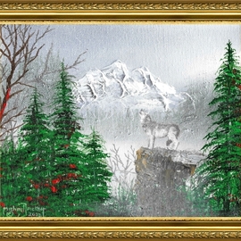 Michael Pickett: 'mountain and wolf', 2022 Acrylic Painting, Landscape. Artist Description: Steak knife used as a pallet knife, Brush and spray paint...