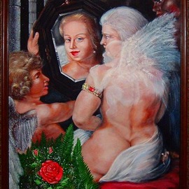 Michael Pickett: 'the modern toilette of venus', 1998 Acrylic Painting, History. Artist Description: The Modern Toilette of Venus  1998 Venus is an old god  Her reflection in the mirror is how we still see her.Cupid, the son of Venus holds up a mirror, showing her reflection of beauty and her spirit looking in over her shoulder.Red Roses meaning true ...