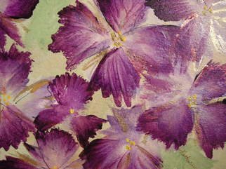 Katharina Eltringham: ' Celebrate the art of Believing', 2012 Mixed Media, Floral.       Acrylic on canvas. Visual delight with dominant colors in purple, gold, green and yellow. Beautiful touchs of sparkle complete this delicate floral painting.                  ...