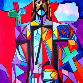 Phillip Speciale: 'chris', 2022 Acrylic Painting, Religious. Artist Description: This 18  x 24  acrylic on canvas painting depicts the iconic image of Jesus holding a cross.The artist has used a style characterized by bright colors, bold shapes, and monumental paintings to create a stunning interpretation of this powerful spiritual figure. Inspired by cubist cityscapes and crystal ...