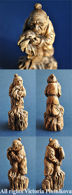 Plotnikova Victoria  'Netsuke Old Woman', created in 2015, Original Sculpture Wood.