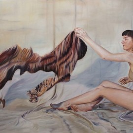 Paul Kenens: '59 Bjork undressed', 2019 Oil Painting, Nudes. Artist Description: Bjork undresses for photoshoot...