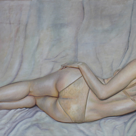 Paul Kenens: '63 The day that I loved', 2019 Oil Painting, Nudes. Artist Description: Nudes woman on a bed looking at her legs.  OPGELET Dit schilderij wordt herwerkt november 2021 Later volgt de hernieuwde publicatie...