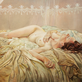 Paul Kenens: '69 The Mosquito Net', 2019 Oil Painting, Nudes. Artist Description: Naked woman under mosquito net in sumptuously covered bed. ...