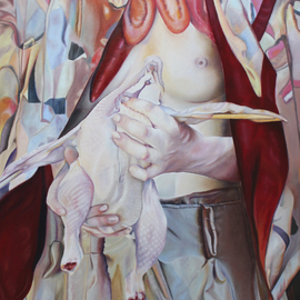 Paul Kenens: 'Chicken Breast feelings', 2019 Oil Painting, Nudes. Artist Description: Chikenbreast and vegatable hanger in a jester cape...