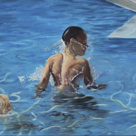 Paul Kenens: 'splash nr 3', 2019 Oil Painting, Children. Artist Description: Children into te water, oil on wood...