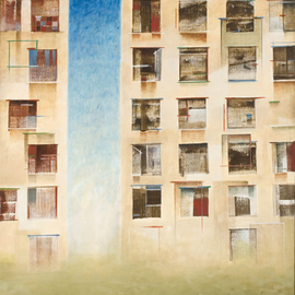 Prabha Shah: 'Emerging Blue', 2008 Oil Painting, Abstract Landscape. Artist Description:   There's a story behind each window of abstract blocks, many of them structures Prabha would expand upon in other frames. Some of the stories ring truer when framed in sensitive outlines beyond the regulation windows. The most hopeful thing is the blue sky that pierces the frame ...