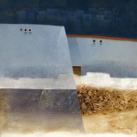 Prabha Shah: 'Granaries', 2009 Oil Painting, Abstract Landscape. Artist Description:  With a division of space that she usually accomplishes by distending one side of a doorframe longer than the other, Prabha brings forward the left plain of the house at front. Two isosceles triangles rise through the middle to cast shadows that the sun cannot explain. No surface ...