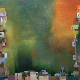 Prabha Shah: 'Three Skies', 2011 Oil Painting, Abstract Landscape. Artist Description:  For one of her most Surrealistic canvases in this collection, Prabha folds reality at will. The three localities of the three edges aren't too different from each other on the social plane -- but they do not share their skies. Even the birds on the horizontal one cannot ...