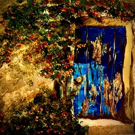 Mary Schwartz: 'blue door', 2021 Acrylic Painting, Abstract Landscape. Artist Description: A mysterious blue door in the sunlight surrounded by a flowering shrub. ...