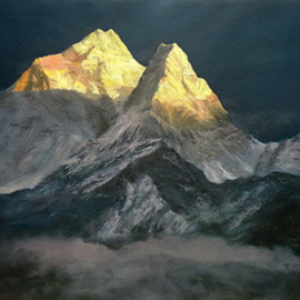 Priyadarshi Gautam: 'AMA DABLAM PEAK ', 2013 Oil Painting, Landscape. Artist Description:         nature, mountains, trees , para- glider, clouds , landscapes        ...