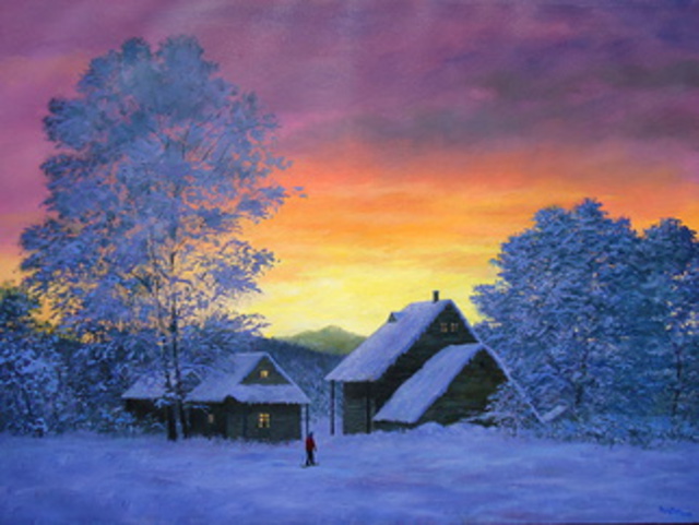 Priyadarshi Gautam  'A WINTER VIEW AT SUNSET ', created in 2013, Original Painting Oil.