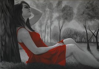 Peter Seminck: 'Red Dress relaxing', 2019 Oil Painting, People. Moderate colors for background and color focus on one item only...