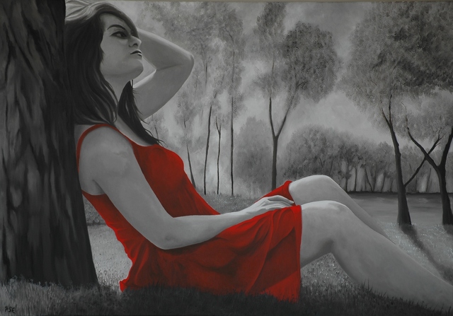 Artist Peter Seminck. 'Red Dress Relaxing' Artwork Image, Created in 2019, Original Painting Acrylic. #art #artist