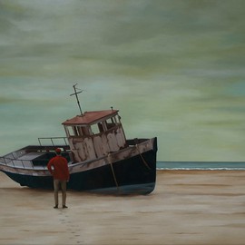 Peter Seminck: 'Stranded', 2015 Oil Painting, People. Artist Description:  seafishermanbeachpeopleboatrealism ...