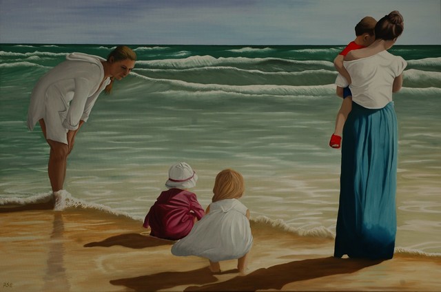 Artist Peter Seminck. 'Moms And Kids On The Beach' Artwork Image, Created in 2020, Original Painting Acrylic. #art #artist