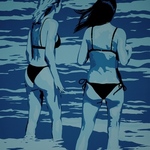 two women in the surf By Peter Seminck
