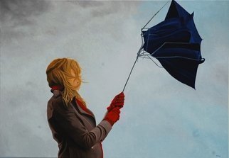 Peter Seminck: 'wind', 2018 Oil Painting, People. womanrainwindumbrellarealism...