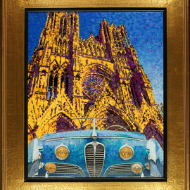 Radford Thomas: 'two french beauties', 2016 Oil Painting, Automotive. Artist Description: Giclee on CANVAS, NOTRE DAME, 1949 DELEHAYE, Type 175, Saoutchik Roadster, Gothic Cathedral, French Design...