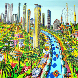 cityscape naive painter  By Raphael Perez  Israeli Painter 
