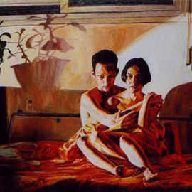 Raphael Perez: 'couple in bed', 1998 Oil Painting, Love. Artist Description: red room...