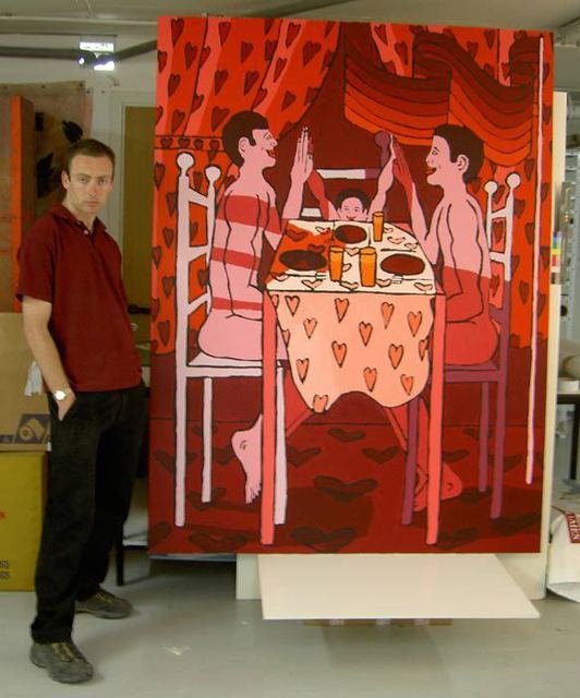 Artist Raphael Perez  Israeli Painter . 'Gay Family Painting  Homosexual Couple With Kid On Dinner' Artwork Image, Created in 2010, Original Photography Color. #art #artist